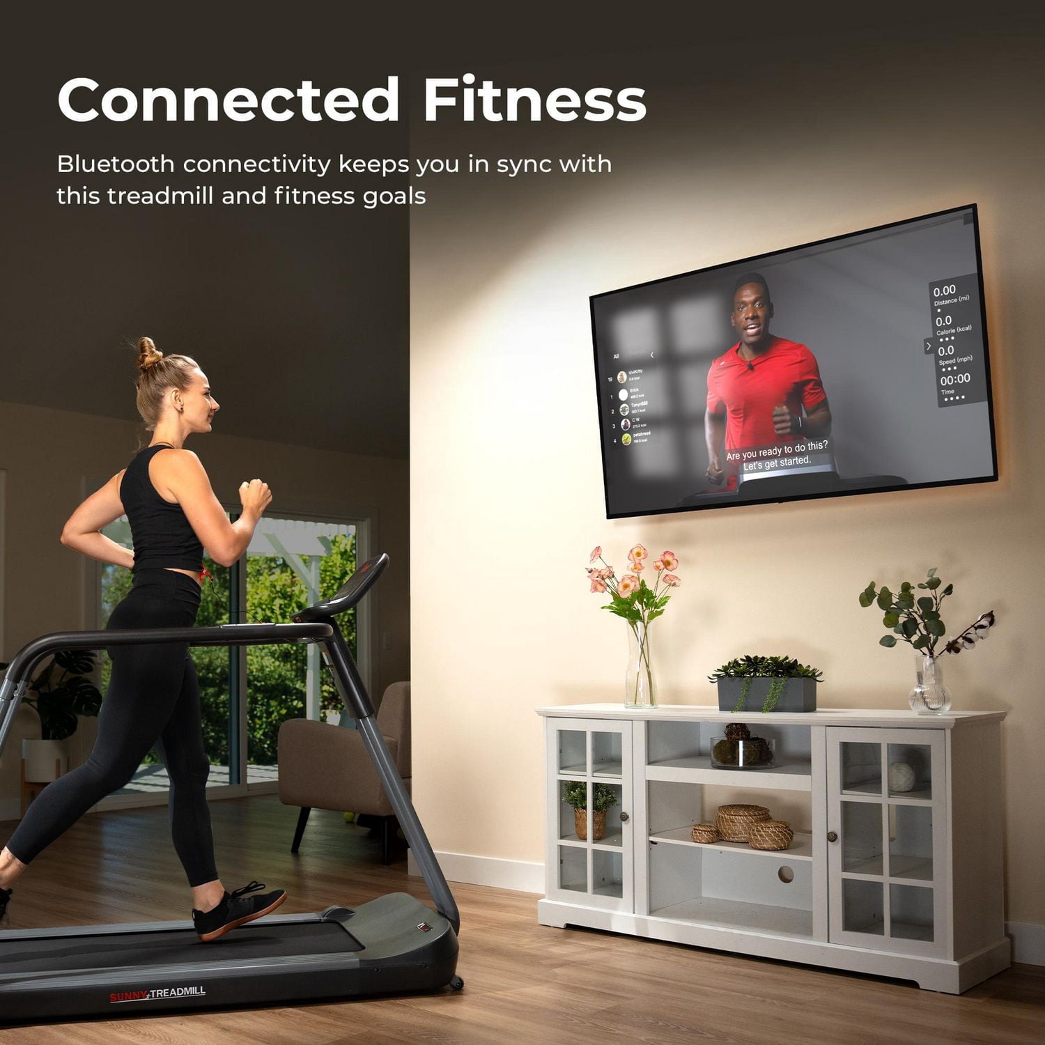 Sunny Health & Fitness Endurance Cardio Running Walking Treadmill avec des rampes de sécurité prolongées, faible impact, plateau large et bas, sûr pour la récupération et connectivité Bluetooth amélio