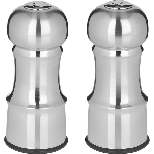 4.5" SALT&PEPPER SHAKER SS FNSH UNFILL Trudeau Maison 4.5-inch stainless steel salt and pepper shaker, centered front view with brushed stainless finish, cylindrical silhouette and two perforated tops; unfilled on plain white tabletop, suitable as a kitchen tabletop accessory.