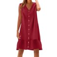 thumbnail image 1 of Dvprdro Robe d'Été Imitation Coton Lin pour Femmes Mode Décontractée Ample Couleur Unie Col en V Sans Manches Boutonnée Ourlet à Volants Robe de Plage Soleil, 1 of 5