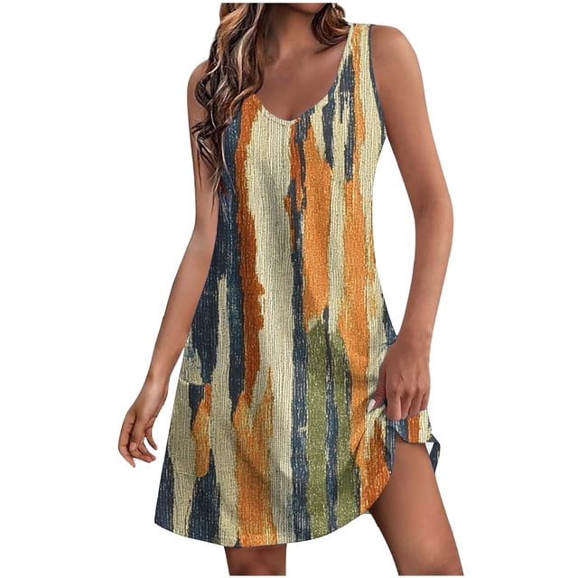 Ovzne Robes Grande Taille pour Femmes aux Formes Robe de Plage Robe d'Été Décontractée pour Femmes Mode Imprimée avec Poche Sans Manches à Col en V Robe Grande Taille Imprimée Liquidation