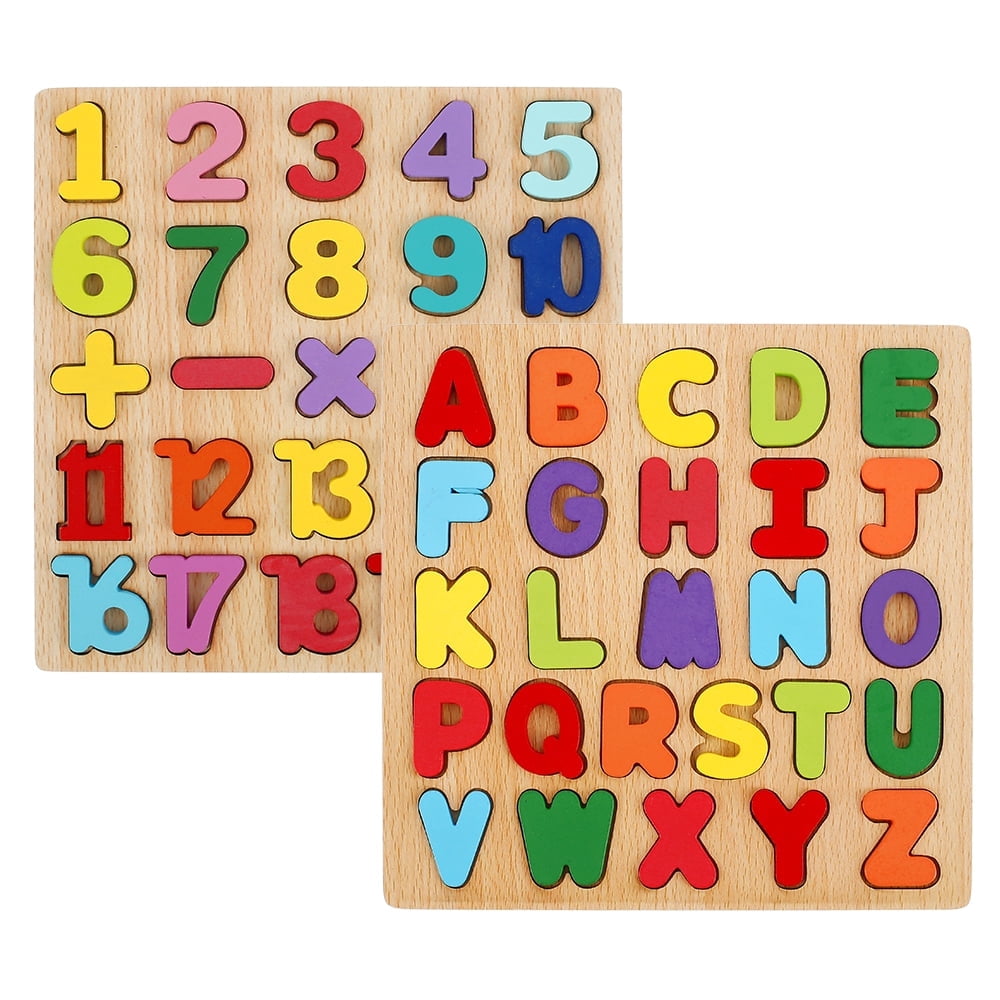 2PCS Wooden Alphabet Puzzles Set 3D Wood Alphabet/Number/Shape Puzzle Set ABC Letter and Numbers Puzzles Board Recognition Toy Educational Puzzles Puzzle Set Best Gift for Kids Toddler Bo