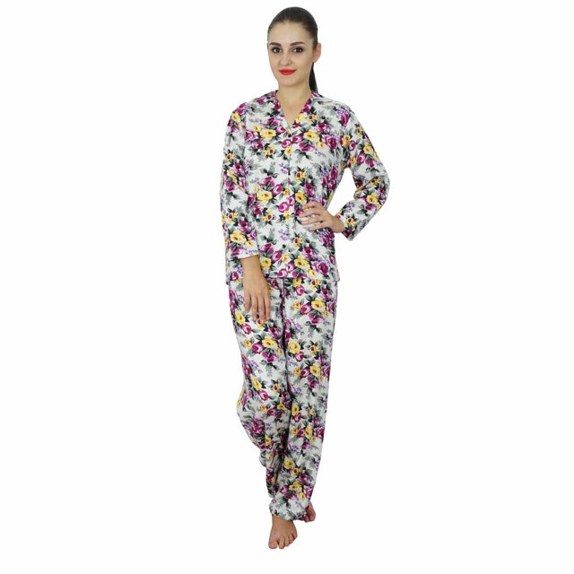 Bimba Ensemble de Pyjama 2 Pcs pour Femme en Rayonne Tenue de Nuit Imprimé Floral Manches Longues