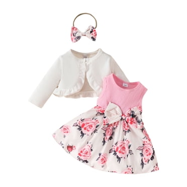 Zanarzt Dresses Christmas Dresses for Girls Outfit Long Sleeve Velvet Cardigan Floral Turu Dress Headband Toddler Baby Girls Fall Winter Clothes White,9-12 Months