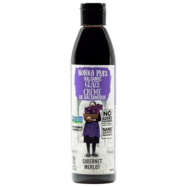Nonna Pia's Balsamic Glaze Cabernet Merlot 250ml bottle with black cap, featuring a label with a woman holding grapes, marked non-GMO, gluten-free, and no added thickeners, made with traditional Italian balsamic vinegar, ideal for salads, pasta, and soups.