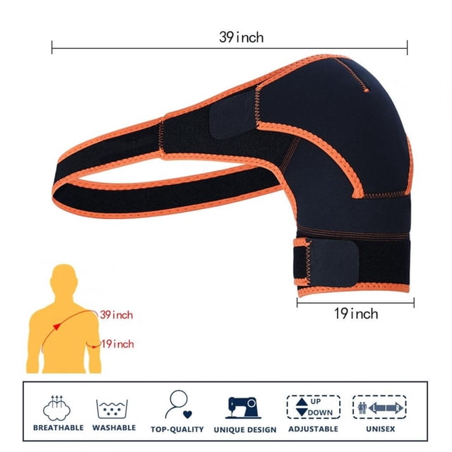 LAFGUR Adjustable Shoulder Support Brace Strap Joint Sport Gym Compression Bandage Wrap. This shoulder brace features a three-dimensional ergonomic design with adjustable buckle pressure on both sides. Made of breathable OK cloth, rubber, and nylon, it offers elasticity and pressure adjustment for a comfortable fit. The black and orange design includes a hook-and-loop closure for durability and ease of use. Suitable for fitness or training exercises, it measures 39 inches in length and 19 inches in width.