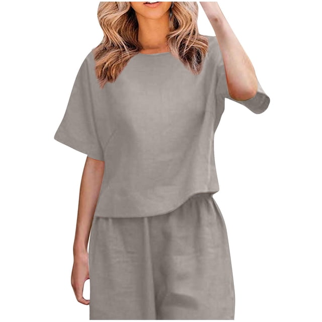 Timegard Hauts pour Femmes Été Coton Lin Manches Courtes Col Rond Léger T-Shirt Basique Décontracté Ample Hauts