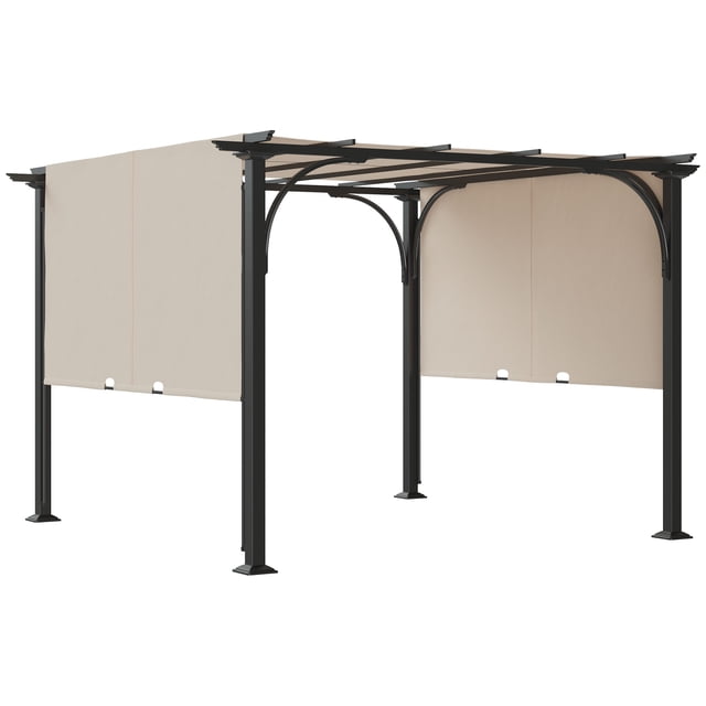 Outsunny Pergola Gazebo de Patio Extérieur 10 Pieds x 10 Pieds avec Auvent beige Rétractable et Cadre en Acier Noir. Conçu pour l'Ombre sur le Patio et la Détente Extérieure, avec un Auvent Coulissant en polyester avec Revêtement PA pour la protection Solaire. Comprend 8 Piquets de Sol pour la Stabilité, Convient aux Jardins, aux Cours Arrière et aux Pelouses.