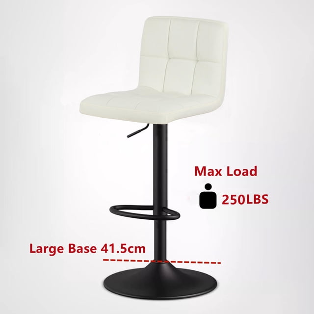 PU Leather Barstools with Large 41.5cm Base, featuring a height-adjustable swivel design with a gas-lift mechanism. The bar stool has a white PU leather seat and backrest with foam padding for comfort, supported by a sturdy black chromed steel base. It includes a built-in footrest and can support up to 110 kg (250 lbs). Suitable for kitchen, dining, or pub settings.