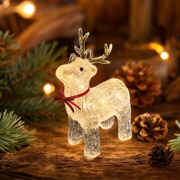 Liamobondopolis 5.91IN LED Lighted Reindeer Figurine, Ice Crack Glass Effect Deer Statue with Red Bow for Christmas Holiday Tabletop Decor