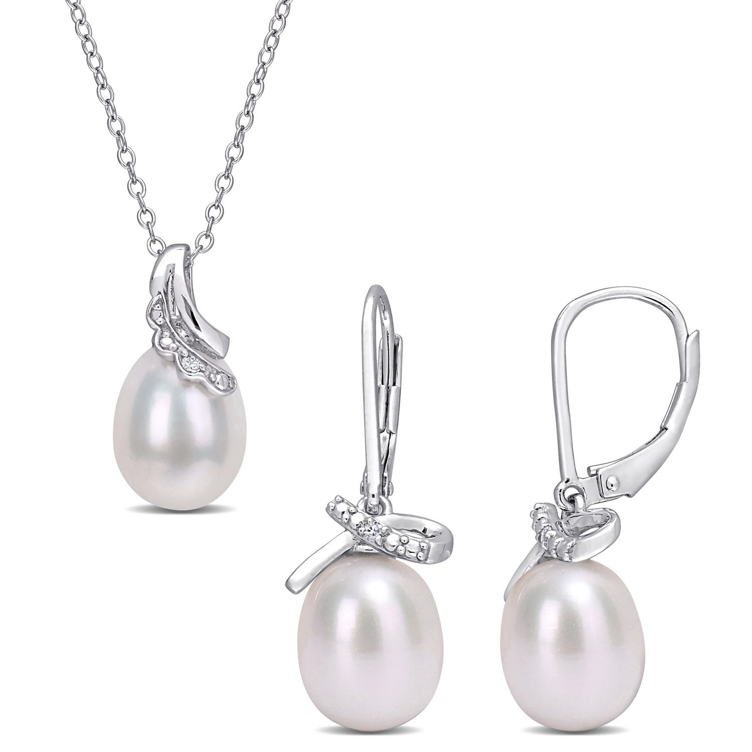 Ensemble 2-pieces Miabella colliers et boucles d'oreilles en argent sterling avec perles d'eau douce de culture et accents de diamants
