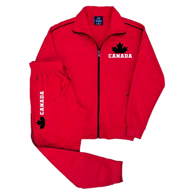 Men's Canada Print Designer Heritage Tracksuit by Royal Threads, featuring a vibrant red full zip-up track jacket with a stand collar and two zippered side pockets, paired with trimmed jogger track pants. Both pieces showcase a bold Canada print with a maple leaf design, suitable for men's activewear during spring and fall weather.
