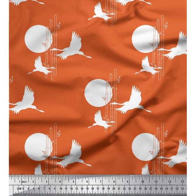 Soimoi Crepe Silk Fabric Bamboo Tree,Moon & Stork Bird Print Fabric by Yard 42 Inch Wide