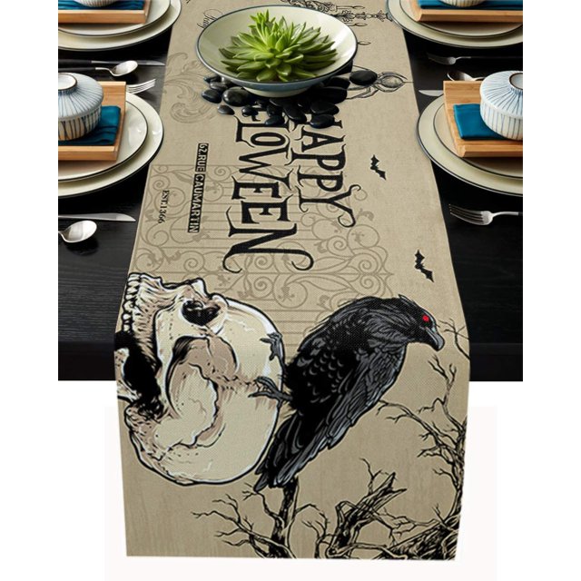 Chemin de Table Halloween, Chemin de Table Rustique Corbeau et Dos Rétro pour Fête d'Anniversaire Cuisine Table à Manger Décoration Maison, 13x90 Po