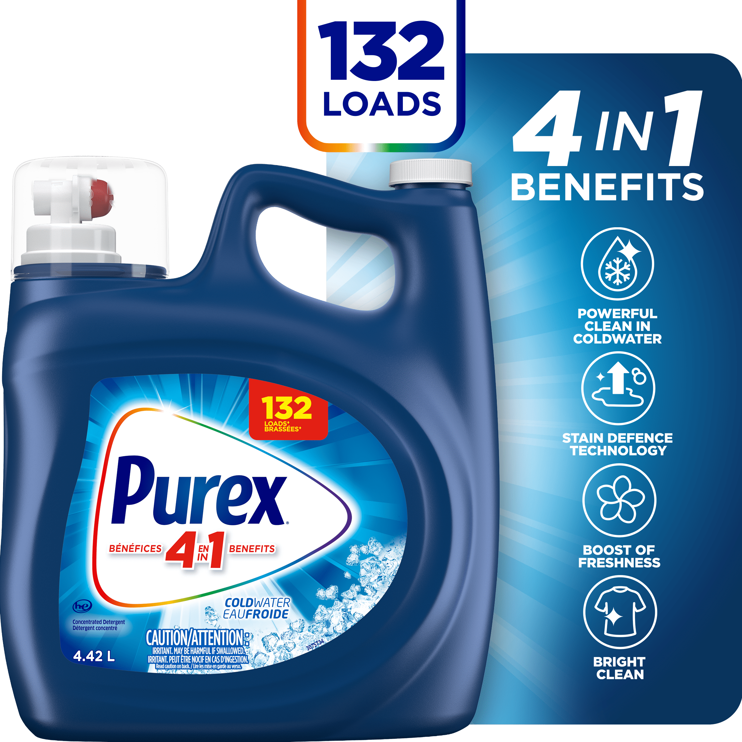 Purex® Coldwater, Concentrated Liquid Laundry Detergent with 4in1 benefits, Tough on Stains, Brightens and Whitens Clothes, 4.42L, 132 Wash Loads, HE Compatible, 1 bottle