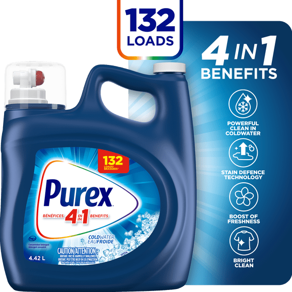 Détergent à lessive liquide concentré avec bénéfices 4-en-1, PurexMD Eau froide, puissant contre les taches, ravive et blanchit les vêtements, 4,42 L, 132 brassées, compatible avec les laveuses HE