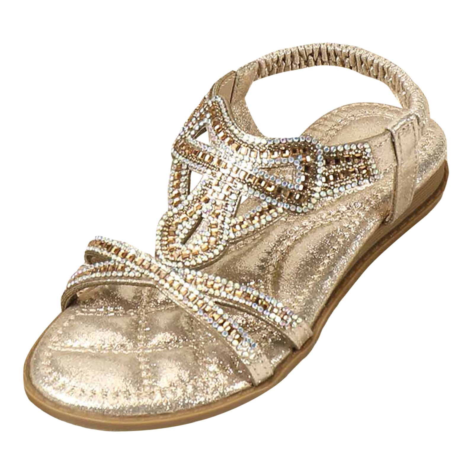 BOBOGOJP Girls Sandals Girls Glitter Beach Shoes Shoes Flat Summer Shoes Glitter Shoes Boho Comfortable Sandals with Rhinestones Glitter Shoes Gold for 9