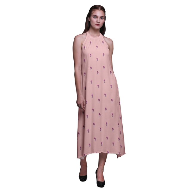 Bimba Block Women Printed Backless Long Halter Neck Beachwear RayonDress-Medium