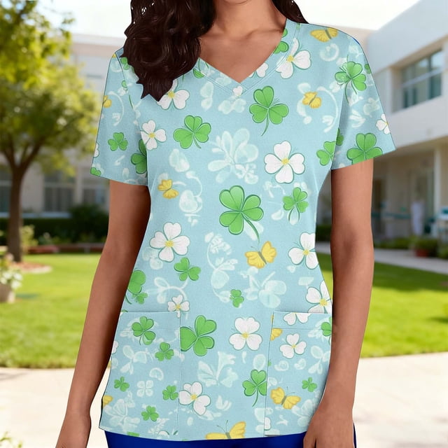 Mceream Nurse St Patricks Day Shirt for Womens Breathable Plus Size Nurse Working Uniform Shamrocks Print Scrub Tops V Neck Short Sleeve Fun Nursing Uniforms Light Blue XXXL