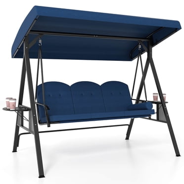 Costway Chaise Balançoire de Patio 3 Places avec Auvent Réglable Coussins Épaissis Oreiller Bleu Marine