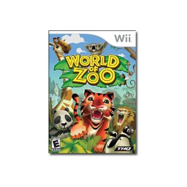 World of Zoo - Nintendo Wii game cover Mettant en Vedette des illustrations Colorées d'Animaux du Zoo, Incluant un Tigre, un panda et une Girafe, Entourés d'Un Feuillage Luxuriant. le logo THQ Est Affiché dans le Coin Inférieur Droit.