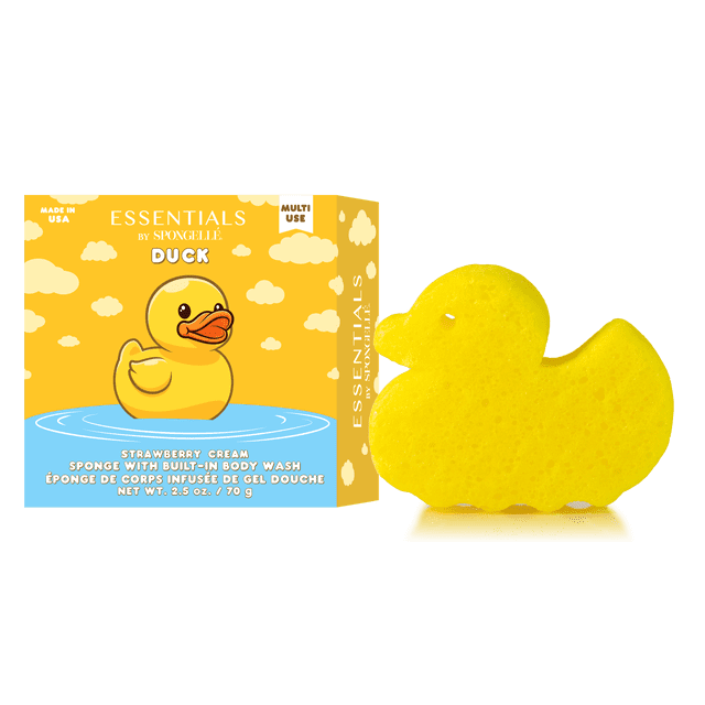 Spongelle Essentials - Kids - Duck 70g yellow duck-shaped bath sponge with built-in strawberry cream body wash, shown with its yellow packaging featuring a cartoon duck and cloud design, made in USA, multi-use for gentle cleansing and moisturizing during bath time.