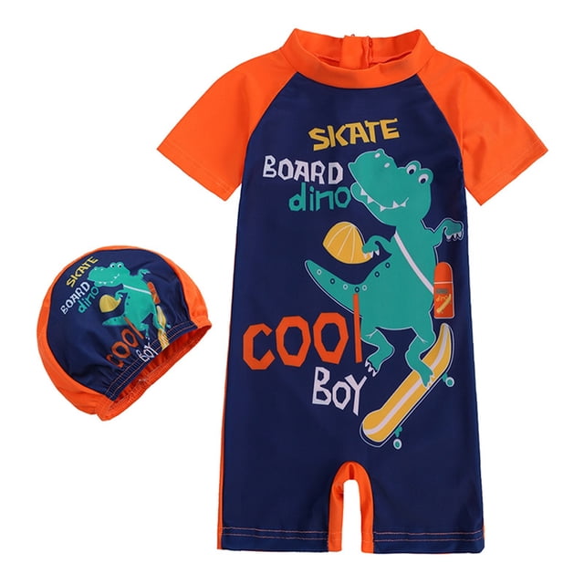 MIASHUI Boys Swimsuits One Piece Rash Guard Swimwear Zipper Bathing Suit with Hat Swimsuit Set,Dark Blue,5-6 Years
