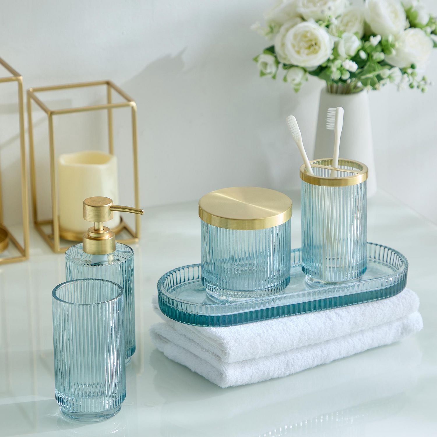 hometrends Distributeur de savon en verre nervuré, distributeur de lotion, pompe à lotion, pompe à savon Or pour cuisine, salle de bain ou hôtel