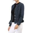 thumbnail image 4 of INSPIRE CHIC Women's Round Neck Button Down Ruffled Hem Cropped Washed Denim Jacket Blue L, 4 of 7