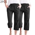 thumbnail image 4 of Timegard 2pc Capri Pants for Women Cotton Linen Elastic Waist Loose Lounge Crop Pants Pockets Solid Color, 4 of 6