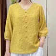 thumbnail image 2 of Pisexur Haut à Manches Courtes à Col Rond Brodé Rétro à la Mode pour Femmes, Hauts pour Femmes, Blouses Habillées Décontractées, Hauts pour Femmes Jaune, G, 2 of 3