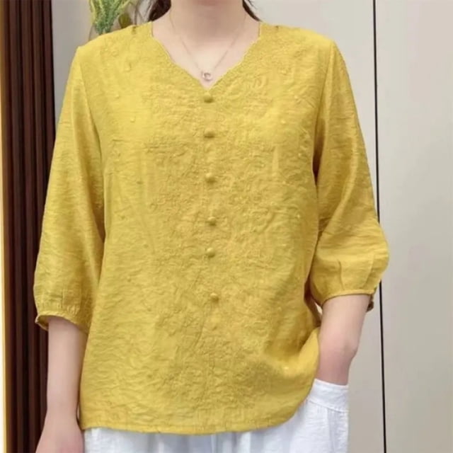 Économies à Durée Limitée, Haut à Manches Courtes Rétro à la Mode pour Femmes avec Broderie, Col Rond, Manches Cinq Quarts, Essentiels du Quotidien/60 % Coton, 40 % Lin, Jaune, Sopatenor
