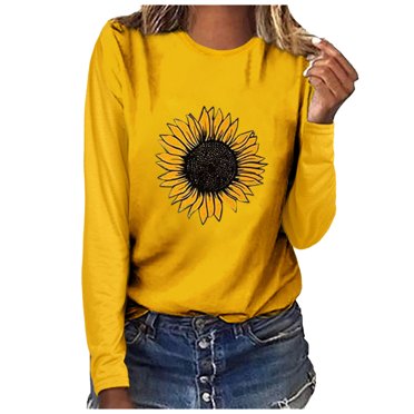 RKSTN Women Sunflower Print O-neck Long Sleeve Top Pullover Sweatshirt T-shirt Blouse