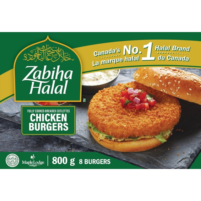 Zabiha Halal Burger de Poulet Pané avec une Galette de Poulet Panée Entièrement Cuite Nappée de Tomates en dés et d'Oignons, de Laitue et de sauce sur un Petit Pain aux Graines de Sésame, Exposé sur une surface Ardoise Foncée avec un Petit Bol de sauce, Emballé en 800 g Contenant 8 burgers Surgelés de la Plus Grande Marque Halal du Canada.