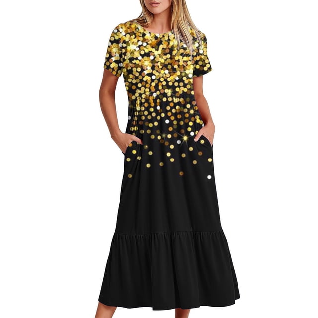 Robe à Manches Courtes Imprimée pour Femme, Robe Décontractée à Col Rond avec Motif Intégral, Robe Légère en Polyester Lavable à la Machine pour Usage Quotidien