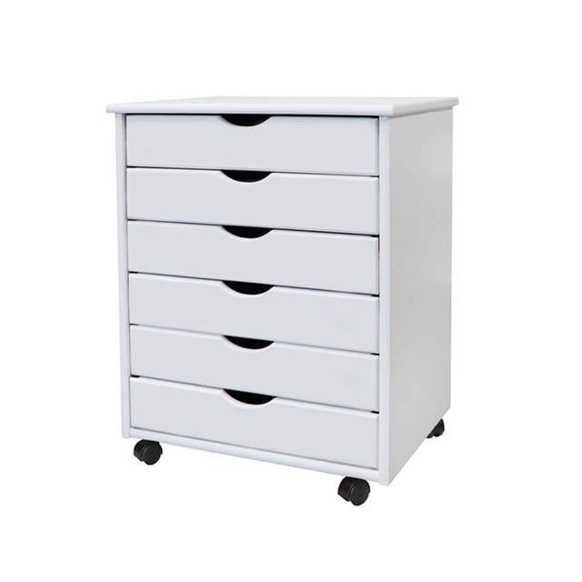 Pemberly Row Modern Solid Wood 6-Drawers Wide Roll Utility Cart in White