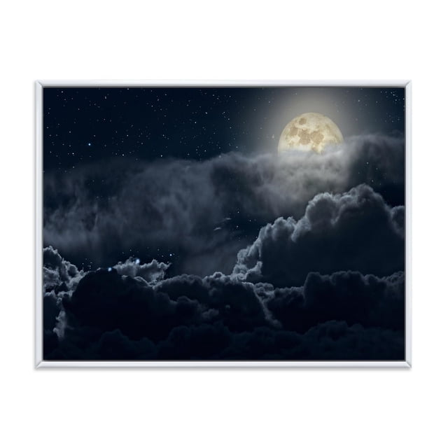 Designart Cloudy Full Moon Night FLOAT FRAME WALL ART featuring a framed canvas print of a full moon glowing behind thick dark clouds and a star-filled night sky, printed on premium cotton canvas with fade-resistant ink and gallery-wrapped edges in a white floating frame, ideal for nautical decor and landscape photography enthusiasts.