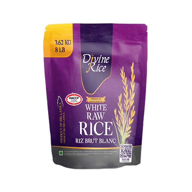 Divine White Raw Rice, 8LB package, featuring a premium purple and yellow design with a rice stalk illustration. The packaging highlights its origin from Sri Lanka and nutritional benefits, including protein, calcium, iron, zinc, and sodium.