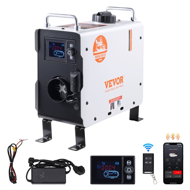 VEVOR Chauffe-Air Diesel 12V/24V 2 kW avec Application Bluetooth et Télécommande, Conçu pour un Usage Automobile Spécialisé. Comprend une Carrosserie Compacte Blanche et Noire avec Panneau d'Affichage Numérique, Tuyau d'Échappement et Tuyau de Sortie d'Air. Comprend des Accessoires comme un Silencieux, des Pinces, des Vis et un module de Surveillance CO pour une Utilisation Sécuritaire. Idéal pour VR, garages et camping en Plein Air.
