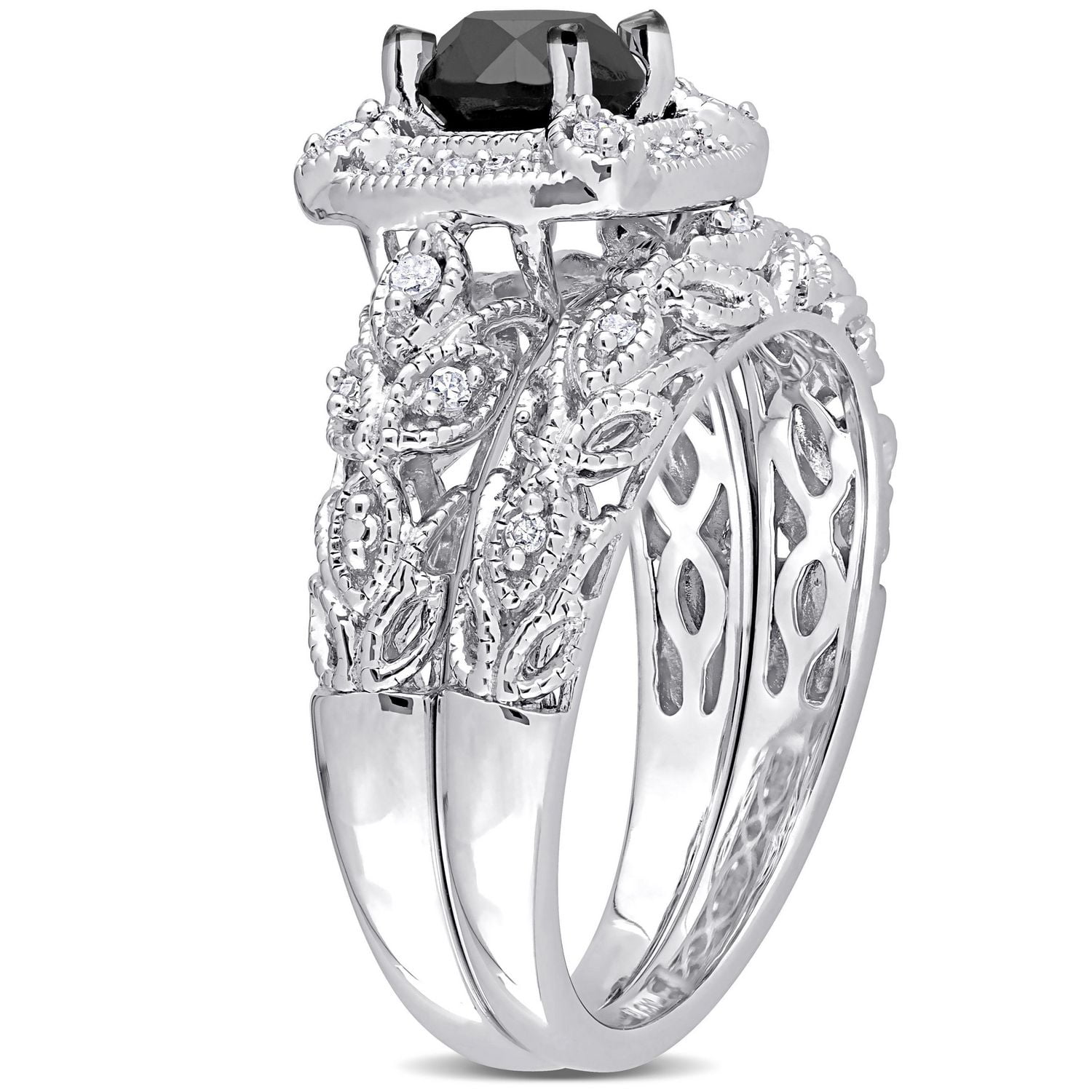 Ensemble nuptial filigrane à auréole de Miabella avec 1-1/6 carat poids total de diamants noir et blanc en argent sterling