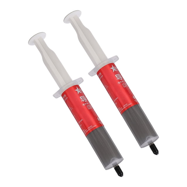Thermal Paste, 2pcs Heat Conduction Computer Thermal Paste Silicone Grease for Maintenance. The image shows two syringes filled with grey thermal paste, each with a red label and white plunger. Designed for high thermal conductivity applications such as laptop and desktop CPUs, graphics cards, and power conversion equipment. Operating temperature range is -30°C to 150°C, with a thermal conductivity of >1.2w/m.k.