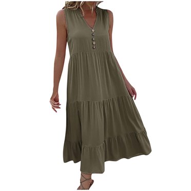 QIPOPIQ Women Summer Dresses Sleeveless Casual Loose Swing Button Down Midi Sundress Tiered Long Dresses Clearance