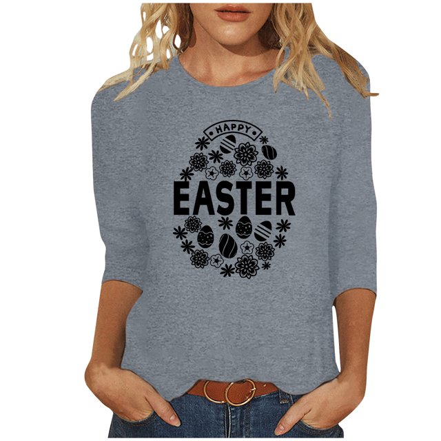 RKSTN Hauts Grande Taille pour Femmes Œufs de Pâques Mignons Imprimés Lapin Coupe Ample Col Rond Manches 3/4 Printemps Été Blouse Douce