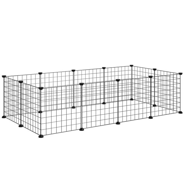PawHut Cage pour Cochon d'Inde DIY pour Usage Intérieur Ou Extérieur, Vue Frontale Noire d'Un Parc DIY à 12 Panneaux en Fil Métallique Noir avec Connecteurs ABS, Grille dense de 1,6 Pouces et Assemblage à Pince Sans Outils; au Total 41,7 Pouces L x 28,7 Pouces L x 14,2 Pouces H (106 x 73 x 36 cm). Comprend un Maillet et des Attaches à Glissière; Souvent Utilisé comme Étagère de Rangement Temporaire pour Ne Pas Abriter de Petits Animaux.