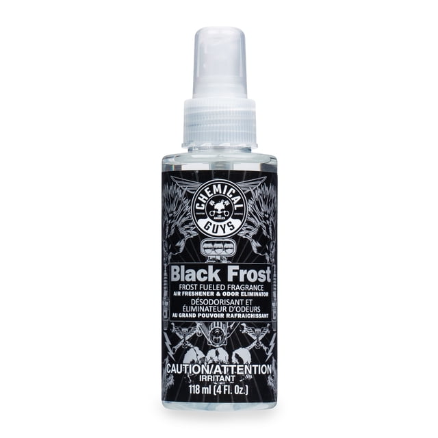 Chemical Guys Vaporisateur Désodorisant pour Voiture à Parfum de Givre Noir avec Étiquette Noire et Graphiques Blancs, 118 ml (4 fl. oz.), Conçu pour Rafraîchir l'Intérieur des Véhicules avec une Eau de cologne Fraîche et Éliminer les Odeurs, Convenant à Améliorer l'Atmosphère de Conduite.