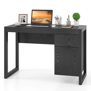 Costway Computer Desk with Storage Cabinet Pull-out Drawer Stable Thick Legs for Bedroom Black