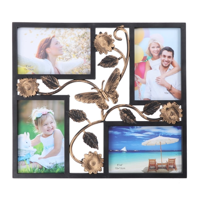 Decorative 4 Opening Wall Hanging Photo Frame with Flowers and Vintage Collage Family Picture Frame in black. The frame features a 3D effect with intricate gold-toned flowers, vines, and a butterfly design. It holds four 10 x 15 cm photos and is made of mould-proof and damp-proof resin for durability. The hollow-out design adds an elegant touch, making it suitable for bedroom or living room wall décor.