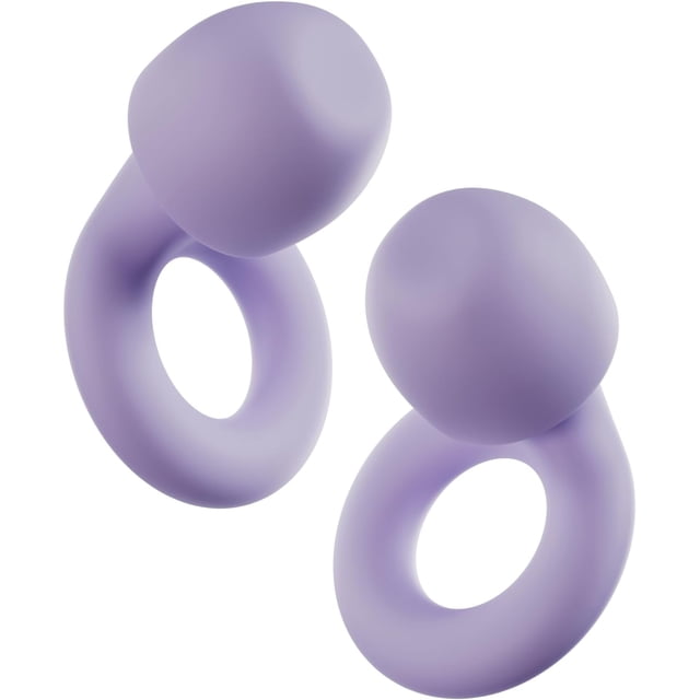 Quiet 2 Earplugs in a soft lavender color, featuring a flexible silicone design with a looped structure for easy handling. These ultra-comfy, reusable earplugs provide 24dB (SNR) noise reduction, ideal for sleep, deep focus, travel, and noise sensitivity. Includes four customizable ear tip sizes (XS, S, M, L) for a perfect fit and a portable carry case.