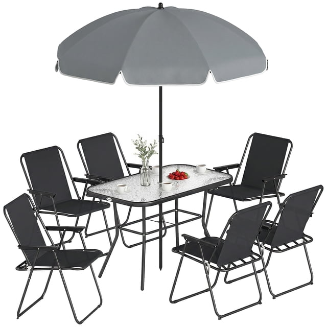 Outsunny 8 Piece Patio Table and Chairs Set with Umbrella for Garden, Black