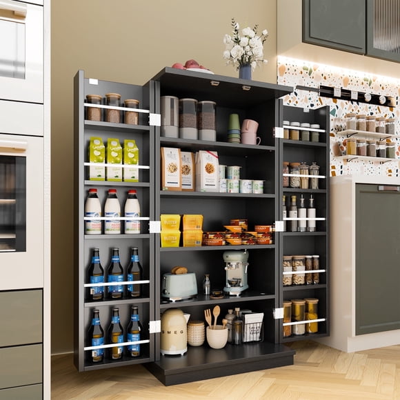 Walsunny Pantry Food Storage Cabinet 47" Free Standing Craft Cupboard with Doors Adjustable Shelves for Kitchen Entryway Dining Room Bathroom Black