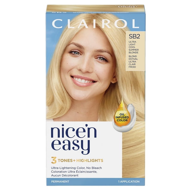 Clairol Nice'n Easy Permanent Hair Dye in SB2 Ultra Light Cool Summer Blonde shade, featuring 3 tones and highlights with oil-infused color for natural-looking, ultra-lightening permanent hair color without bleach, one application kit.